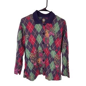Vintage Knit Collared Cardigan Mens Small 44 Argyle Rose Pattern Button